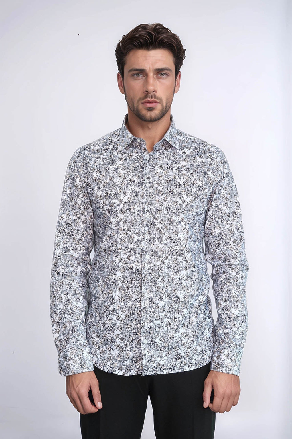 Bloom Patterned Grey Slim Fit Shirt - Wessi