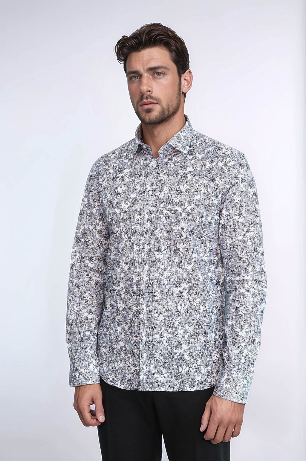Bloom Patterned Grey Slim Fit Shirt - Wessi