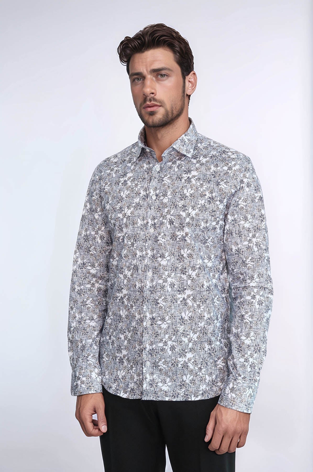 Bloom Patterned Grey Slim Fit Shirt - Wessi