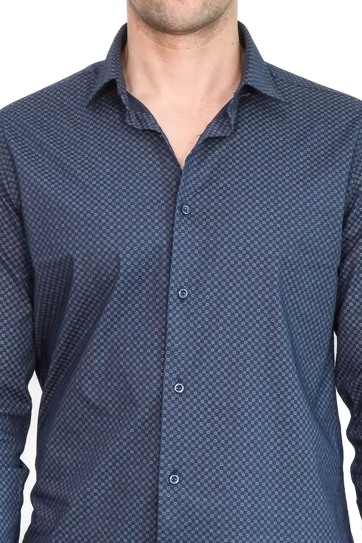 Dark Blue Tiny Check Patterned Slim Fit Shirt - Wessi