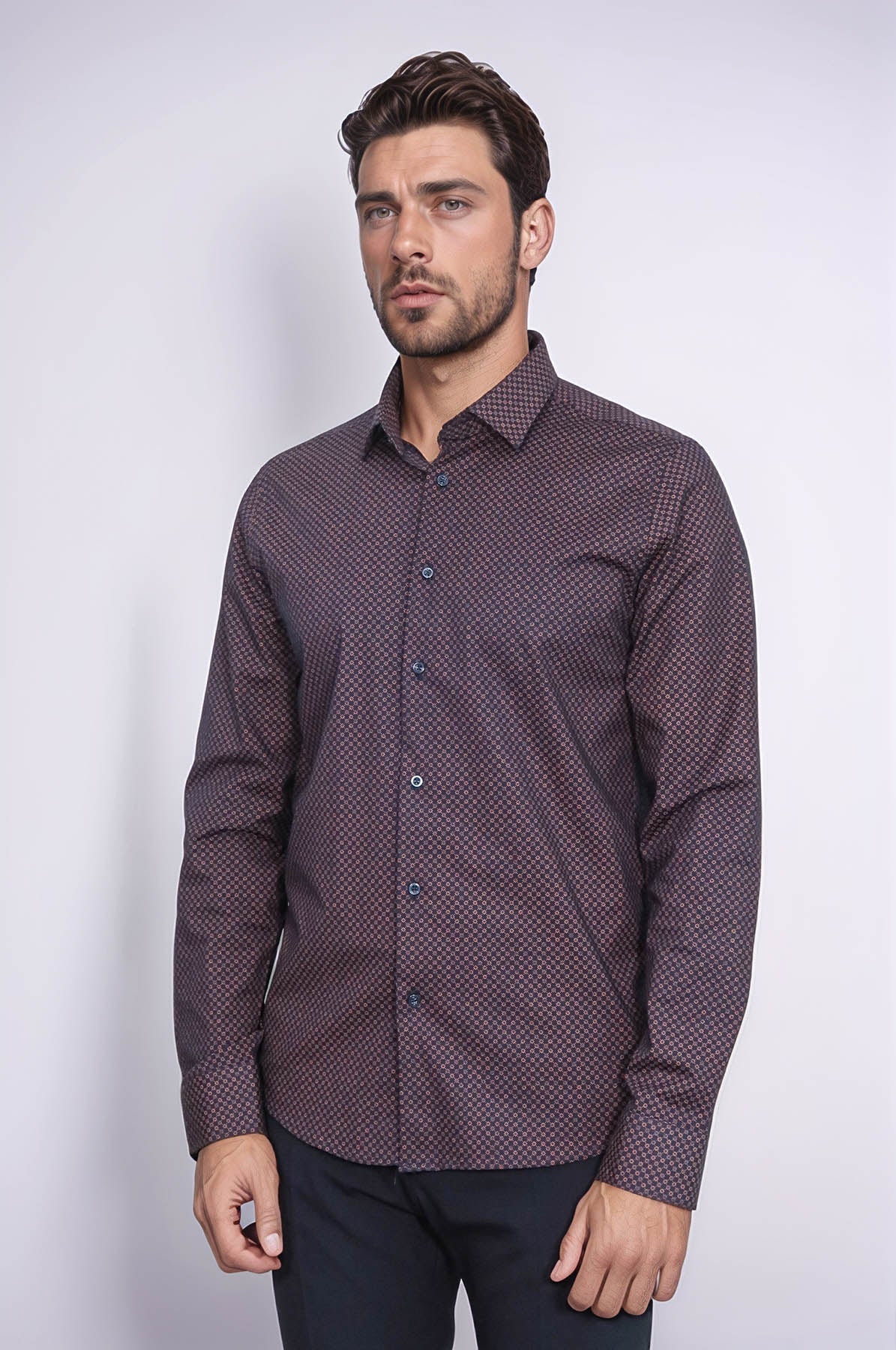 Brown Tiny Check Patterned Slim Fit Shirt - Wessi
