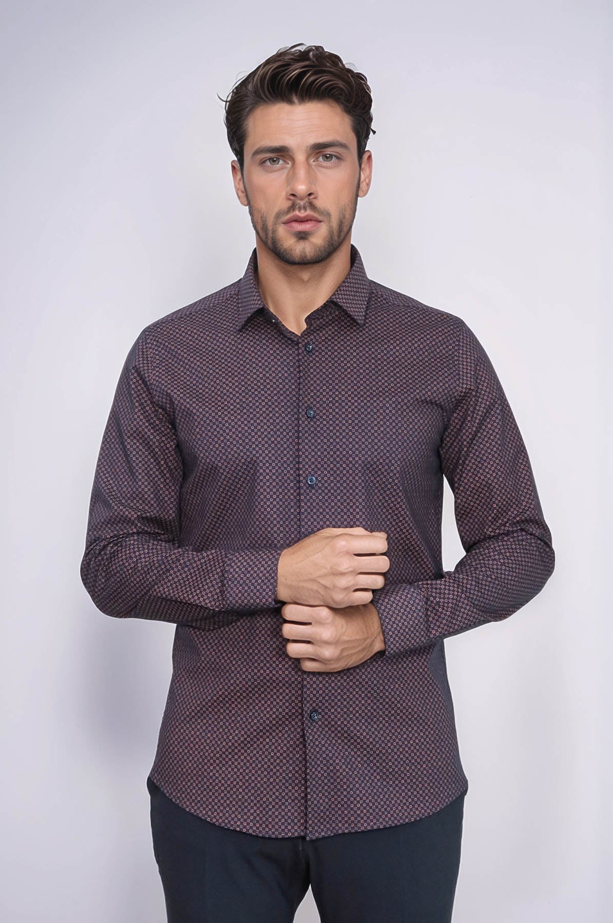 Brown Tiny Check Patterned Slim Fit Shirt - Wessi