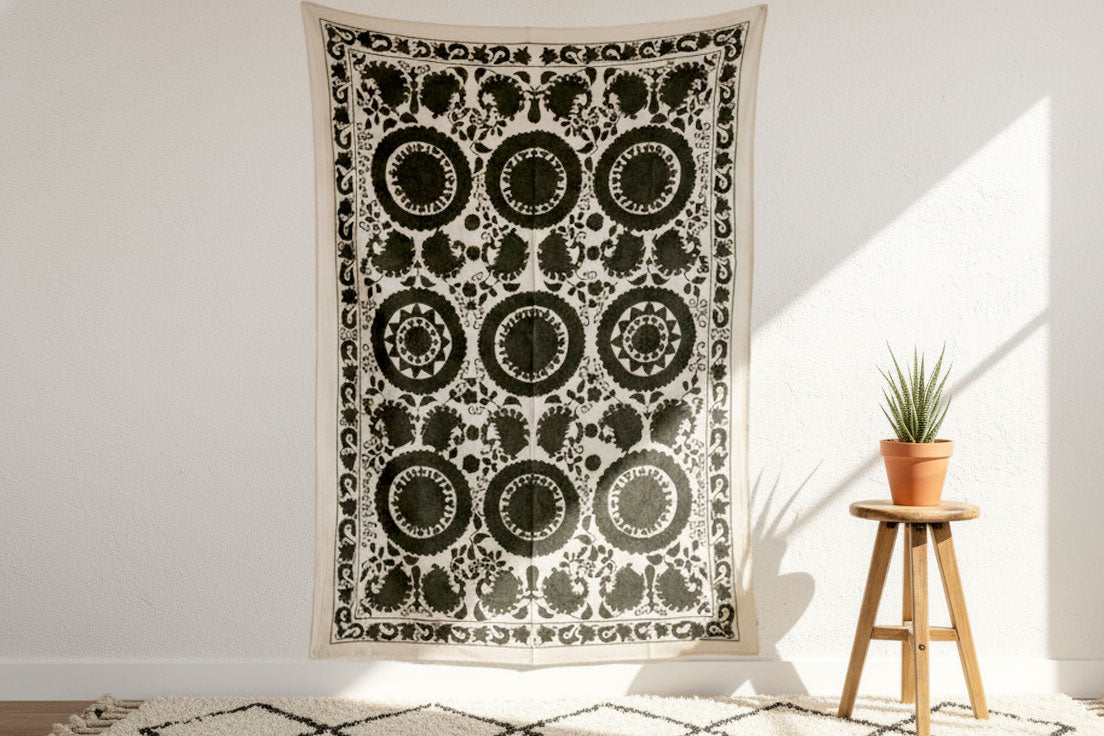 Stone Medallion Hand-Embroidered Suzani Throw