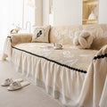 Leaf Jacquard Sofa Cover with Ruffle Skirt – Non-Slip Couch Protector with Sheer Hem