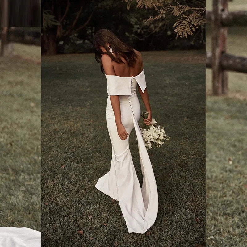 13056#Simple Off-Shoulder Elegant Short Sleeves Backless Wedding Dress Mermaid Buttons Sweep Train Soft Satin Bridal Gown