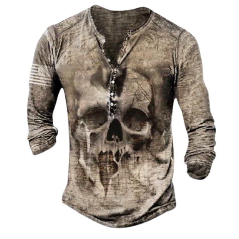 Skull Henley Print Long Sleeve Tshirts Men's