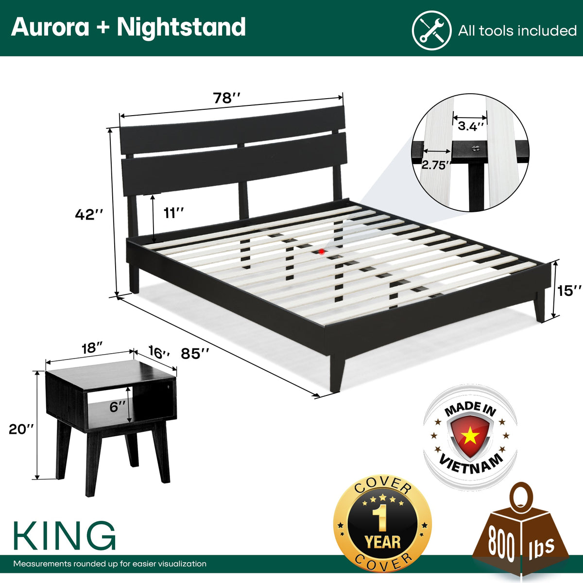 Aurora Solid Wood Bed Frame