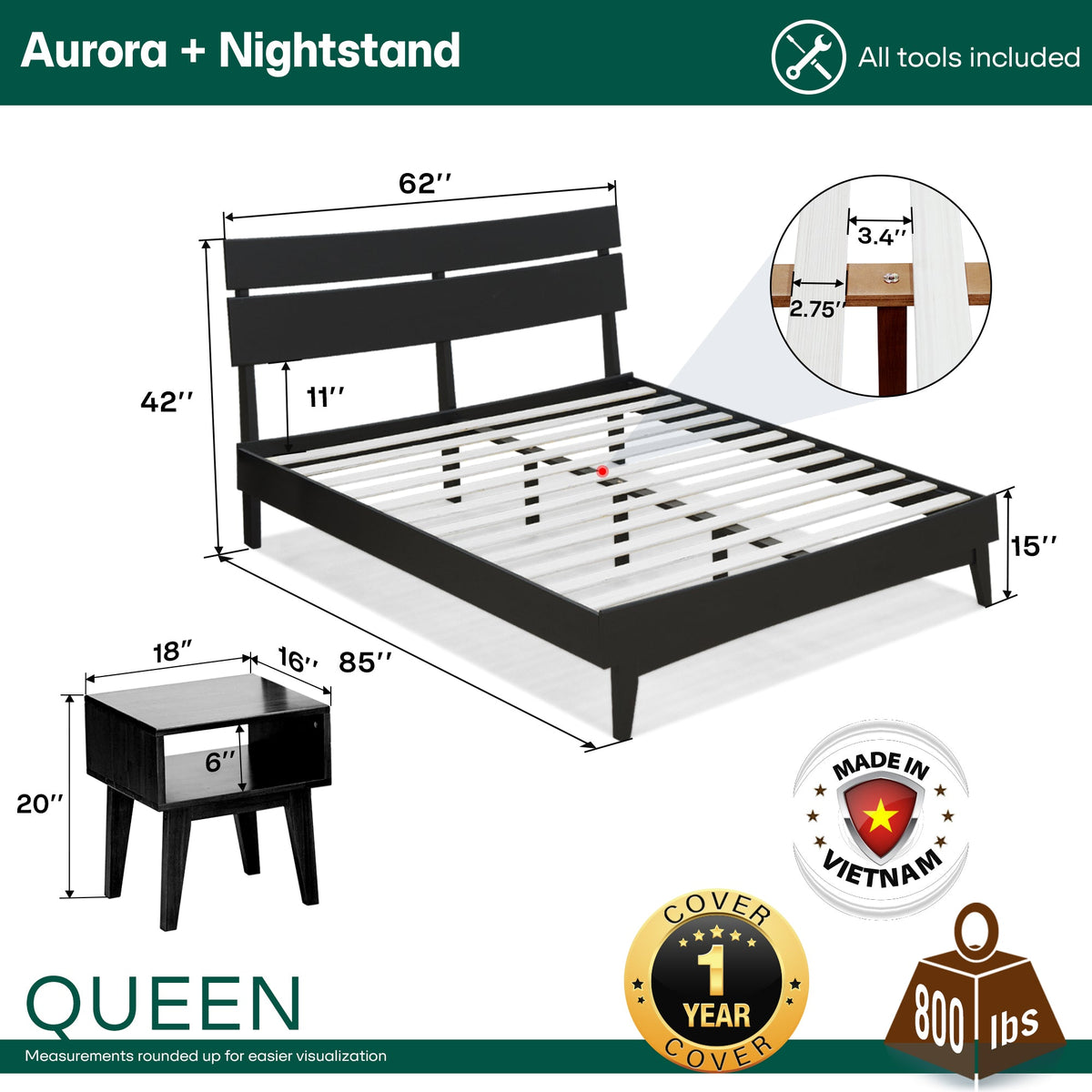 Aurora Solid Wood Bed Frame
