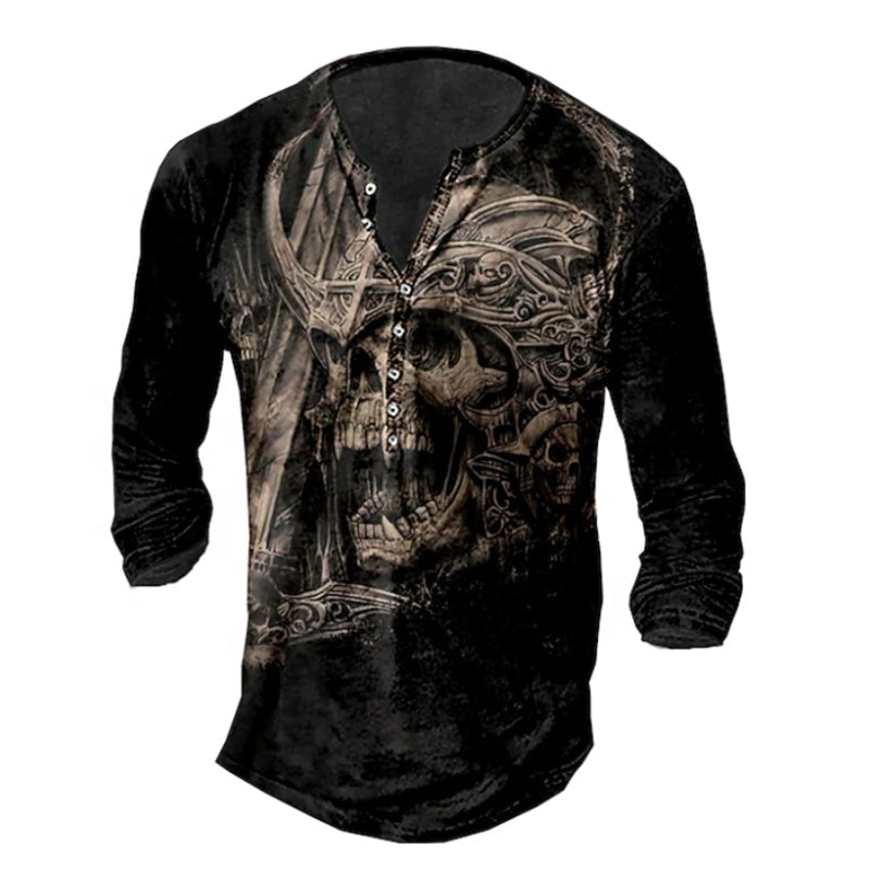 Skull Henley Print Long Sleeve Tshirts Men's