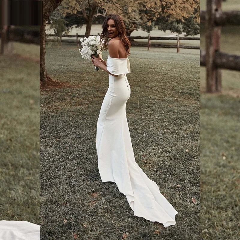 13056#Simple Off-Shoulder Elegant Short Sleeves Backless Wedding Dress Mermaid Buttons Sweep Train Soft Satin Bridal Gown