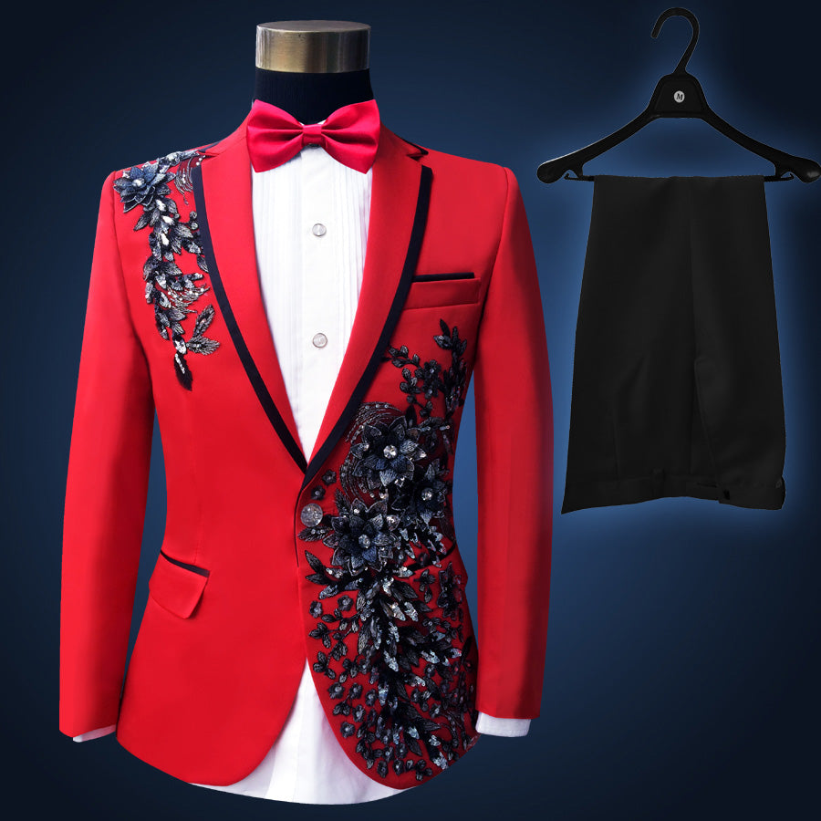 Blue Embroidered Slim Fit Blazer 4 Pcs Suit Men's