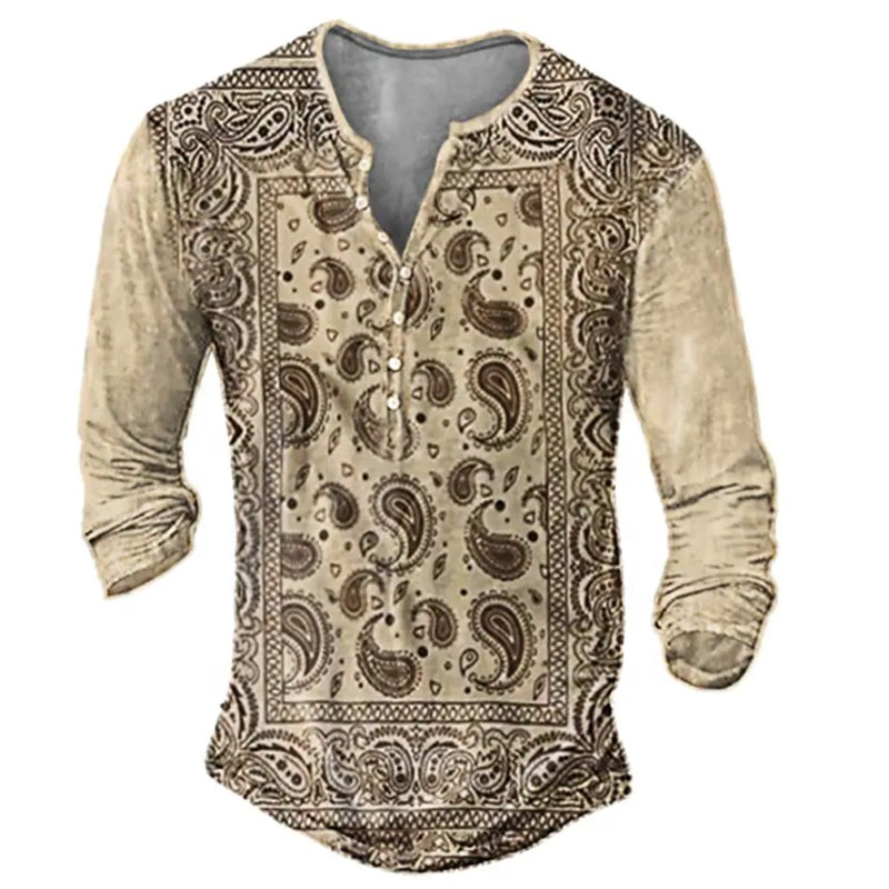 Skull Henley Print Long Sleeve Tshirts Men's