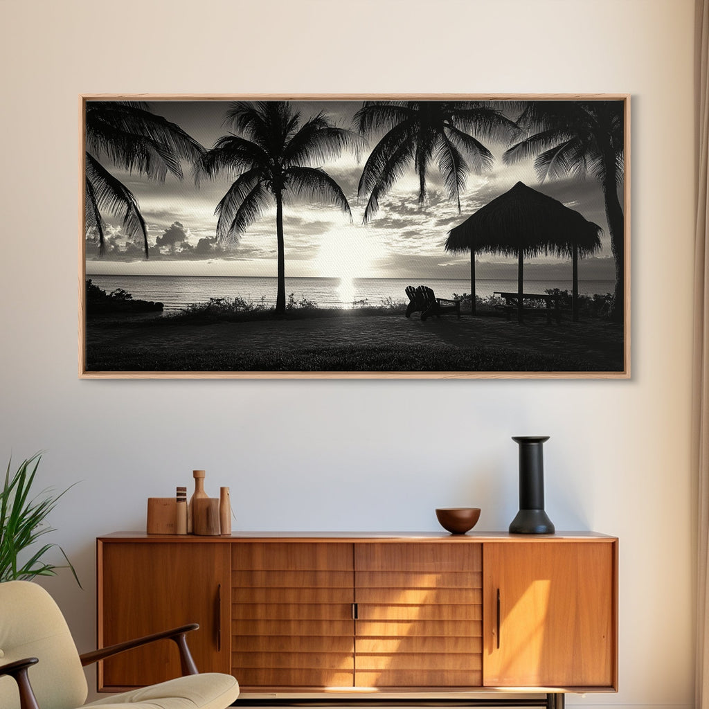 Palm Trees, Beach Sunset, Ocean View, Tiki Hut, Framed Canvas Print, tropical wall art, beach house decor, living room boho art
