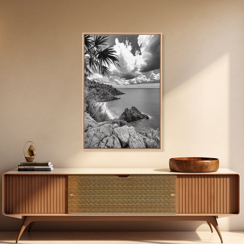 Island View Cliffs, Tropical Shoreline, Black and White Seascape, Framed Canvas Print, Bathroom Art, Travel Decor, Coastal Vibe