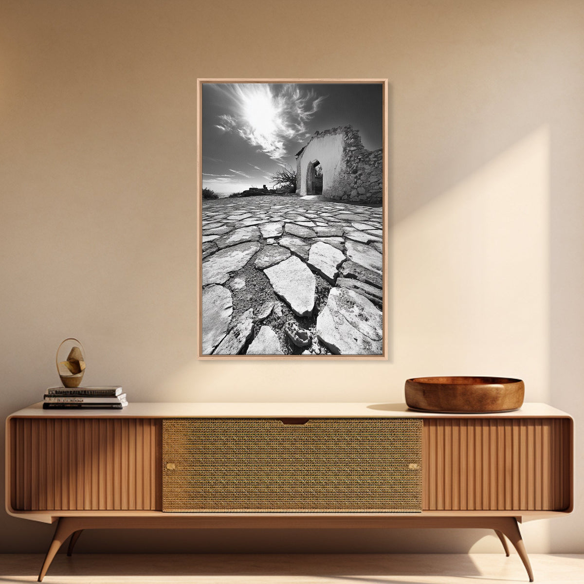 Desert Archway, Stone Ruins, Sunny Sky, Canvas Print, Rustic Travel Wall Art, Mediterranean Decor, Minimalist Earthy Aesthetic
