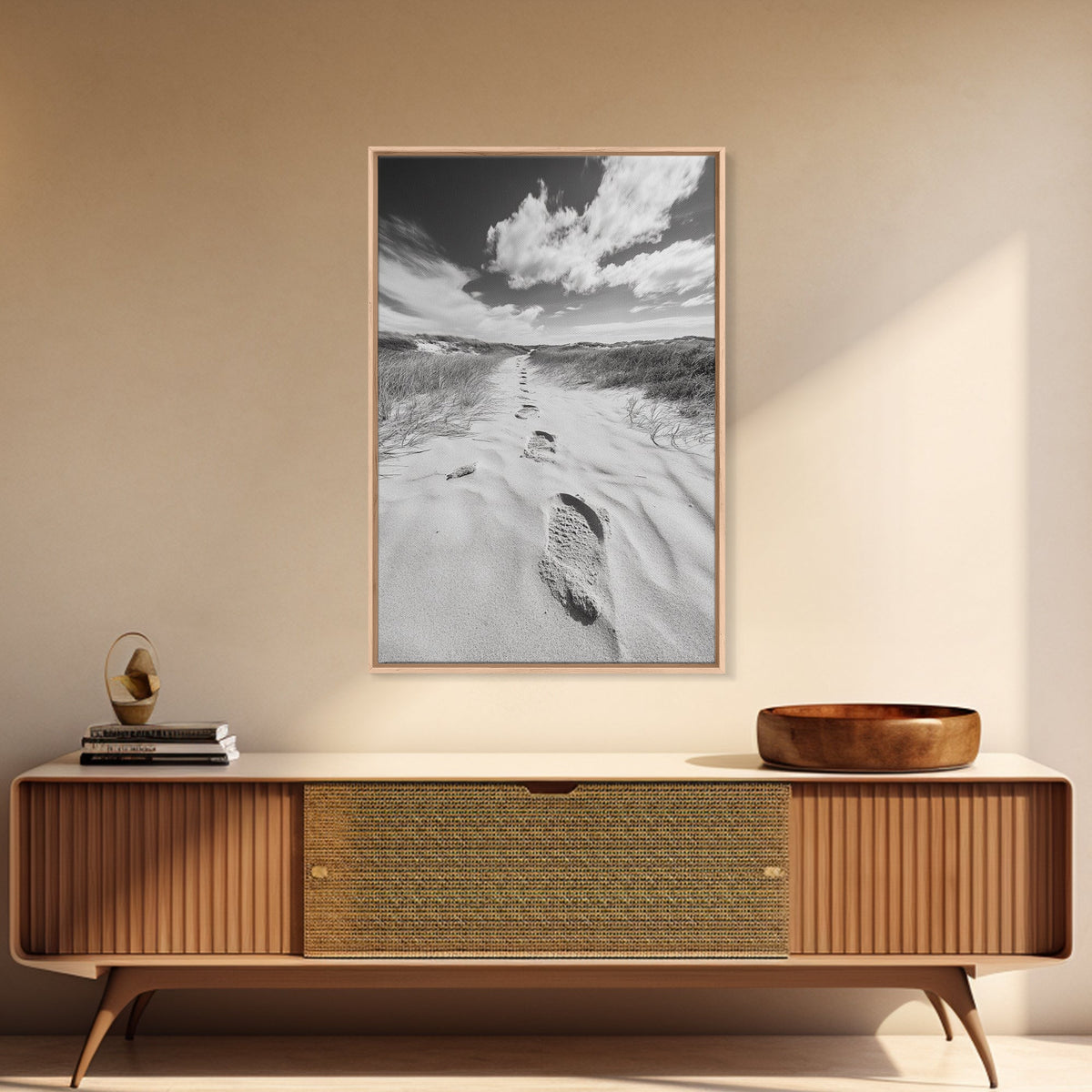 Desert Footprints Path, Dune Art, Wanderlust Vibes, Monochrome Landscape, Framed Canvas Print, Bedroom Wall Decor, Minimalist Travel