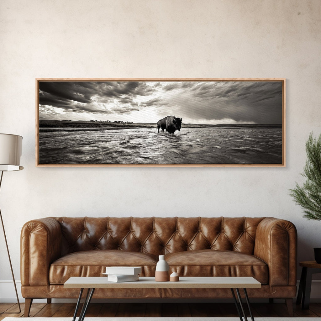 Bison River, Prairie Storm, American West, Framed Canvas Print, Rustic Nature Art, Fall Living Room Decor, Wildlife Photography