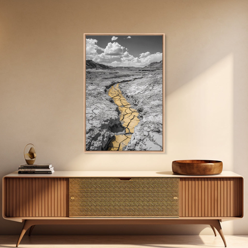 Desert Riverbed, Yellow Crack Trail, Dry Earth Path, Framed Canvas Print, Southwestern Wall Art, Minimalist Nature Decor, Earth Tone Style