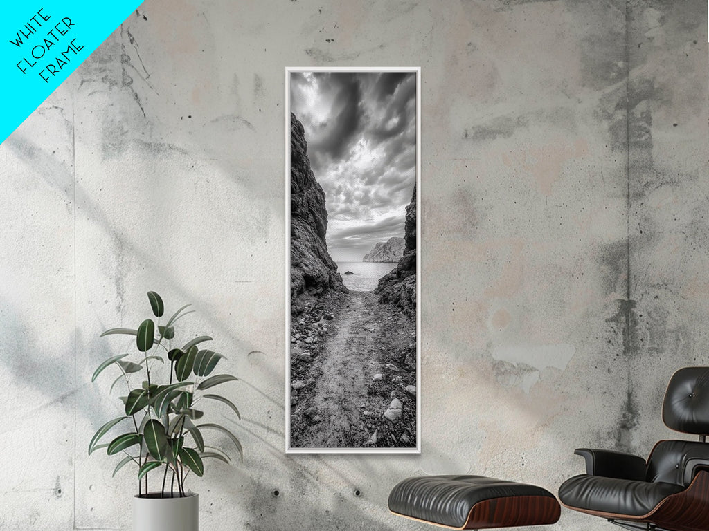Rocky Pathway, Seaside Trail, Cloudy Horizon, Framed Canvas Print, Moody Coastal Wall Art, Nature Inspired, Monochrome Travel Decor