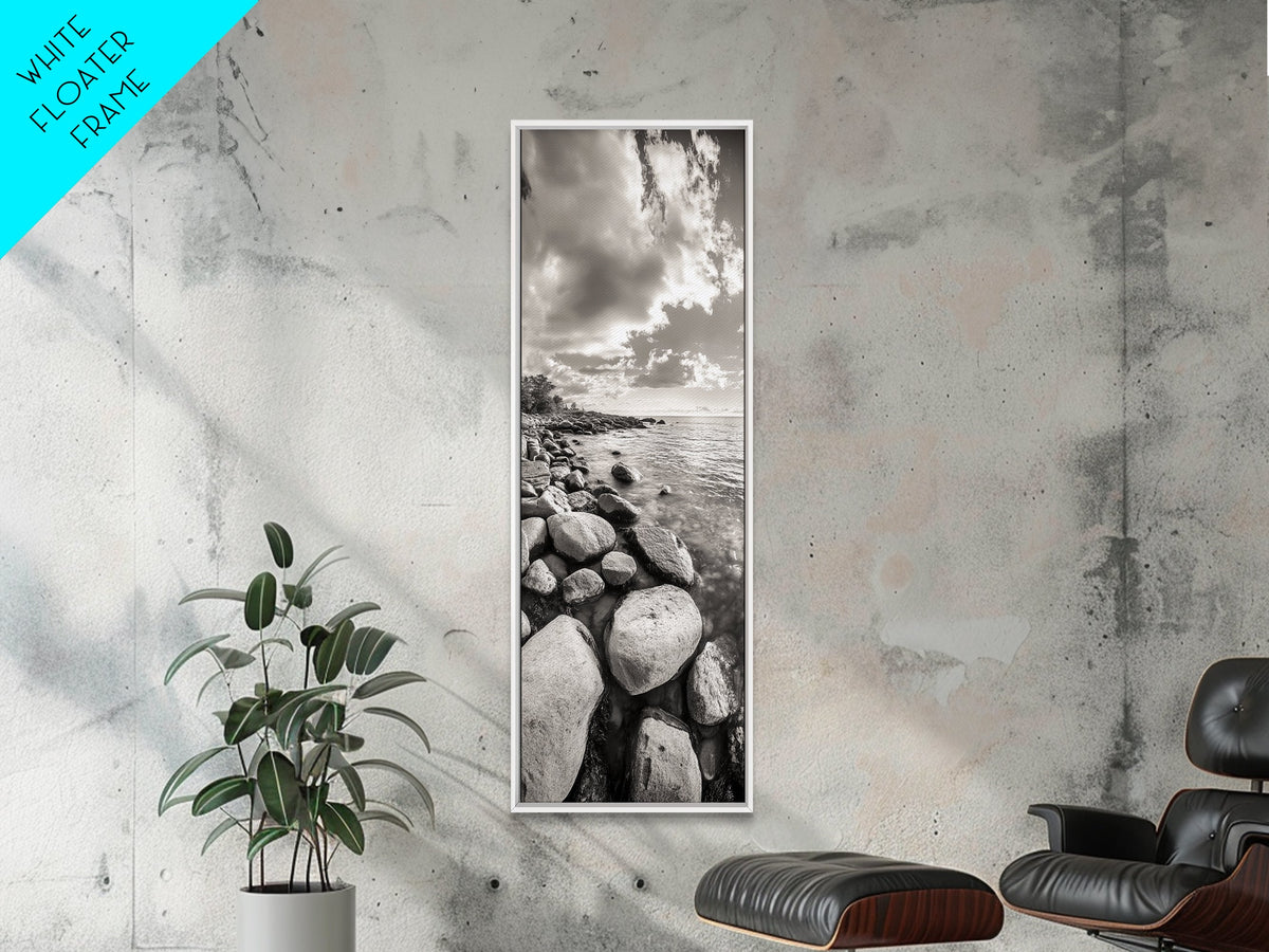 Sunrise Shore, Tranquil Coast, Pebble Beach, Golden Glow, Framed Canvas Print Fall Wall Art, Landscape Living Room Decor, Minimalist Aesthetic