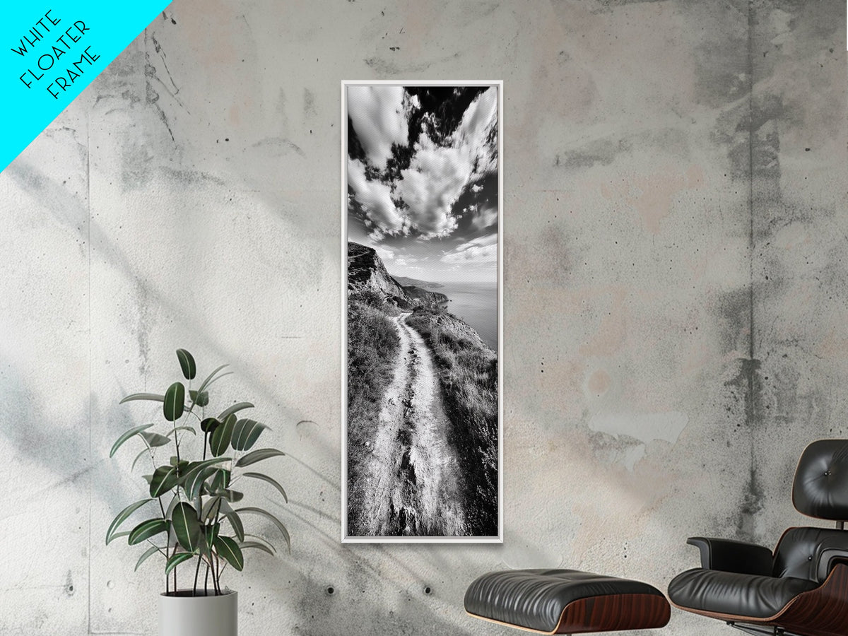 Cliffside Trail View, Path to Sea, Mountain Landscape, Framed Canvas Print, Wanderlust Decor, Office Wall Art, Adventure Travel Aesthetic