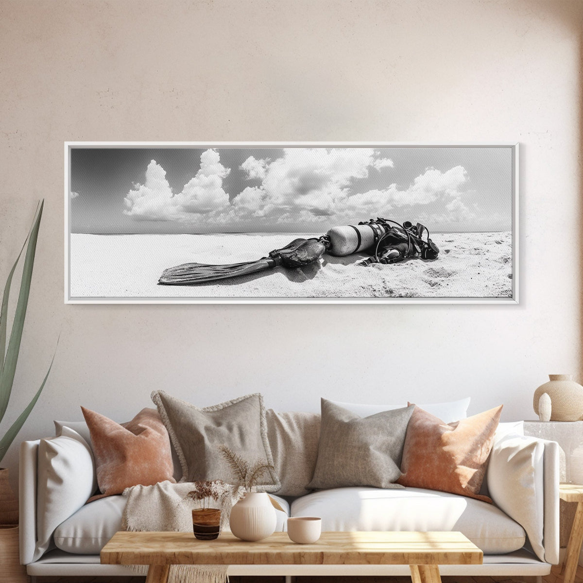 Scuba Gear, Deserted Beach, Ocean Explorer, Framed Canvas Print, minimalist beach decor, scuba diver gift, ocean wall art, travel lover art