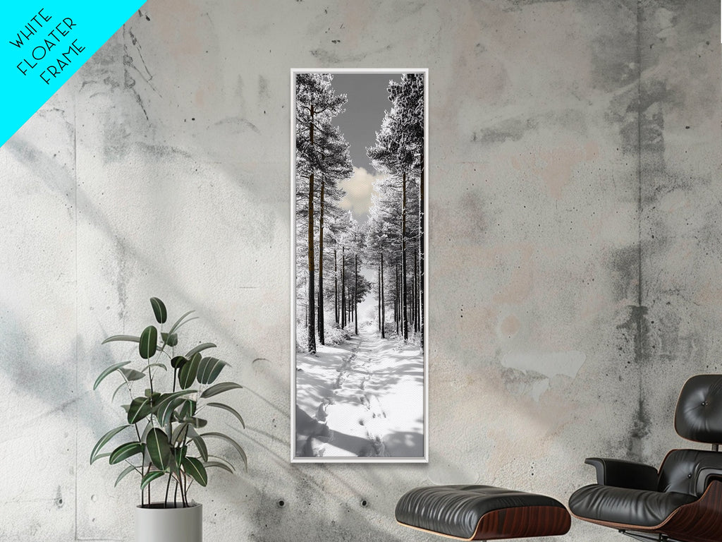 Snow Path, Winter Forest, Frosty Pines, Silent Trail, Framed Canvas Print, Christmas Wall Art, Cabin Decor, Nordic Winter Scene