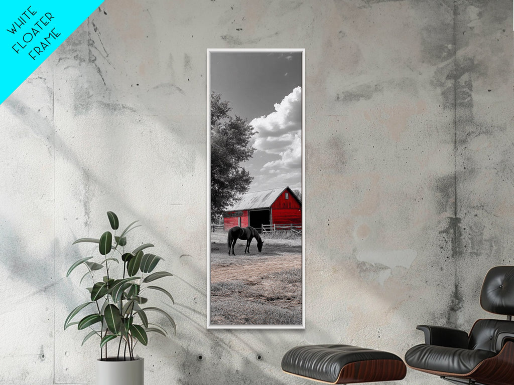 Red Barn, Black Horse, Country Charm, Rustic Farm Framed Canvas Print, farmhouse wall decor, autumn art, rustic bedroom wall art