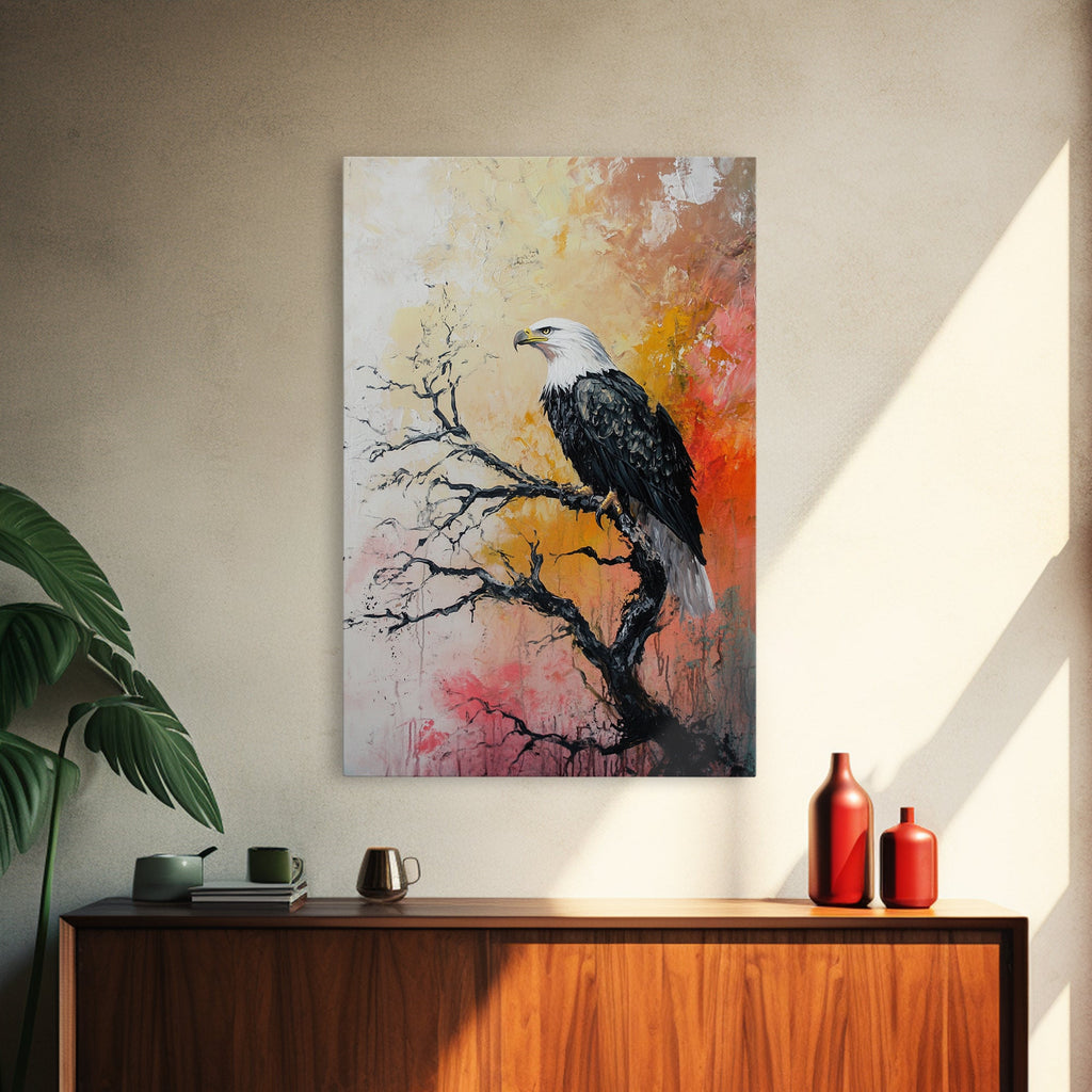 Eagle on Branch, textured painting, wildlife wall art, rustic art, autumn colors, farmhouse decor, framed canvas print, bird art