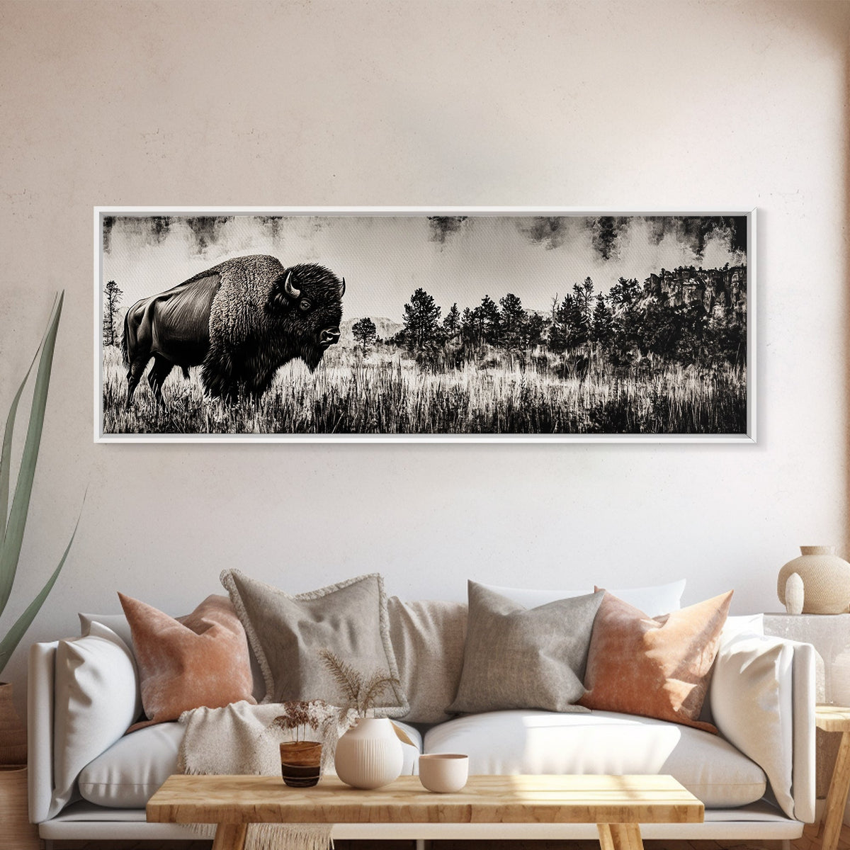 Bison landscape, black and white western painting, rustic decor, extra wide art, smoky mountain art, panoramic painting, framed canvas print