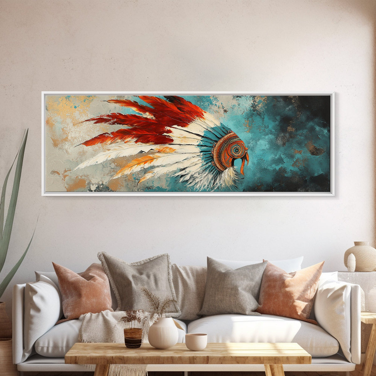 Native American Headdress, modern portrait, southwest wall art, moody art, framed canvas print, gift idea for her