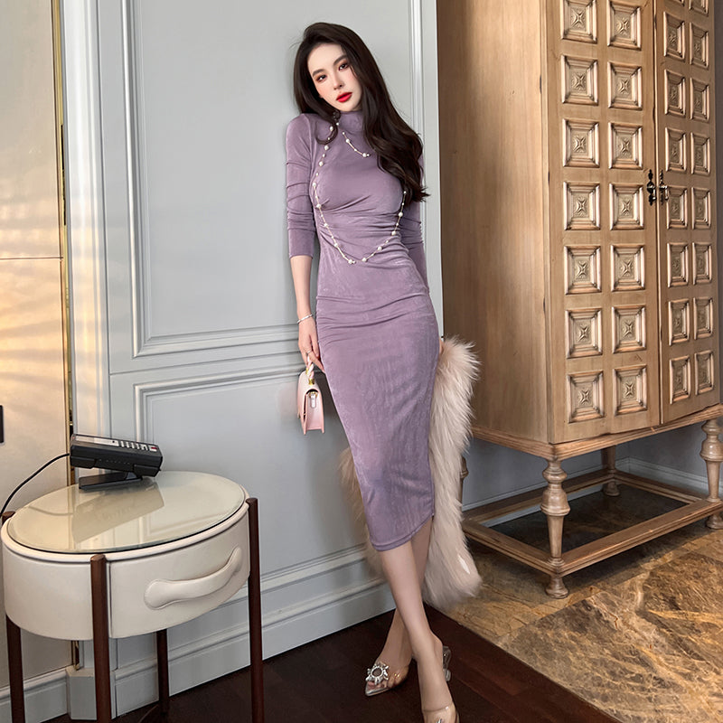 Pleated Long Sleeve Dress Women's