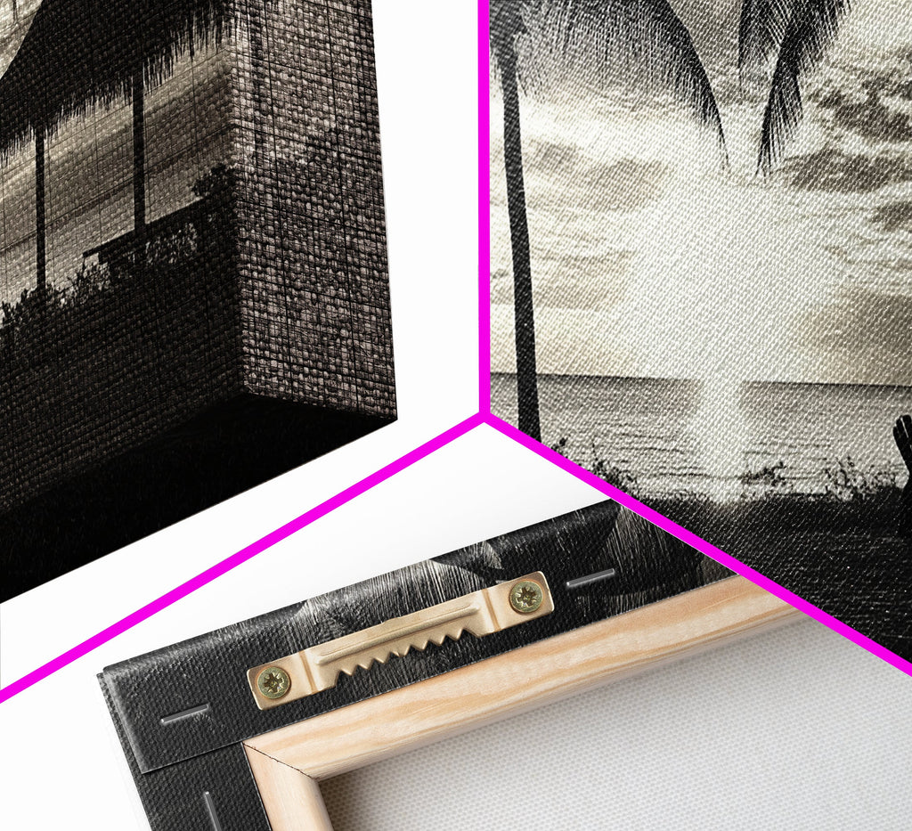 Palm Trees, Beach Sunset, Ocean View, Tiki Hut, Framed Canvas Print, tropical wall art, beach house decor, living room boho art