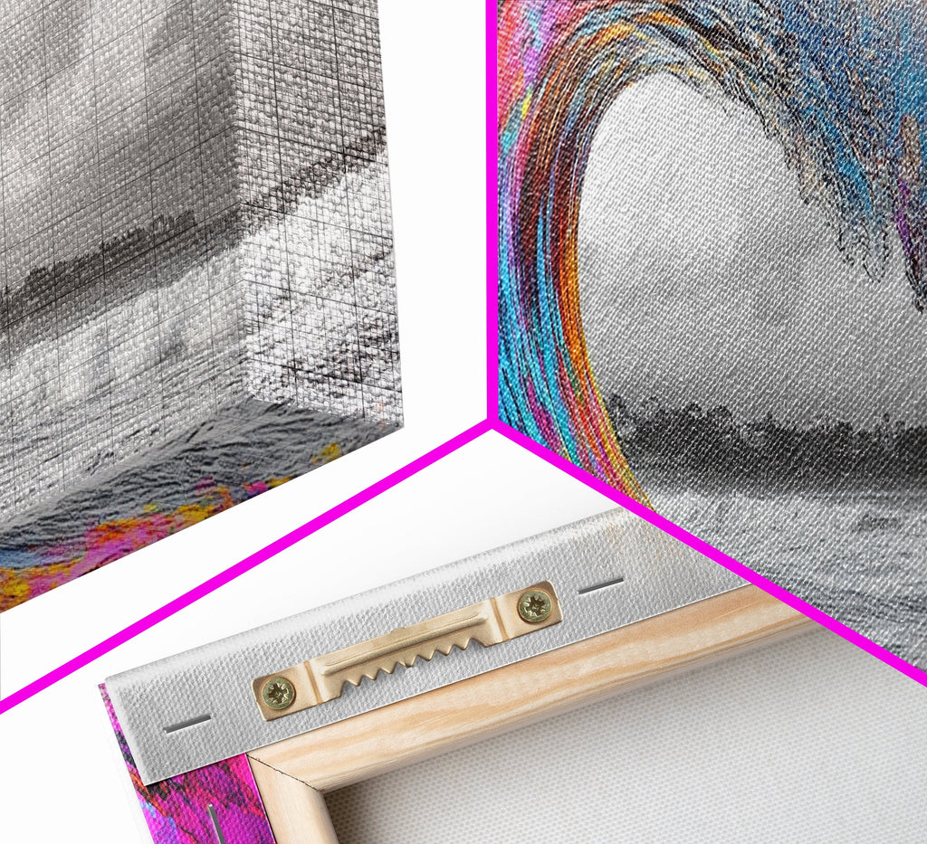 Rainbow Wave Curl, Surf Art Explosion, Vibrant Ocean Energy, Framed Canvas Print, Beach House Decor, Colorful Coastal Wall Art