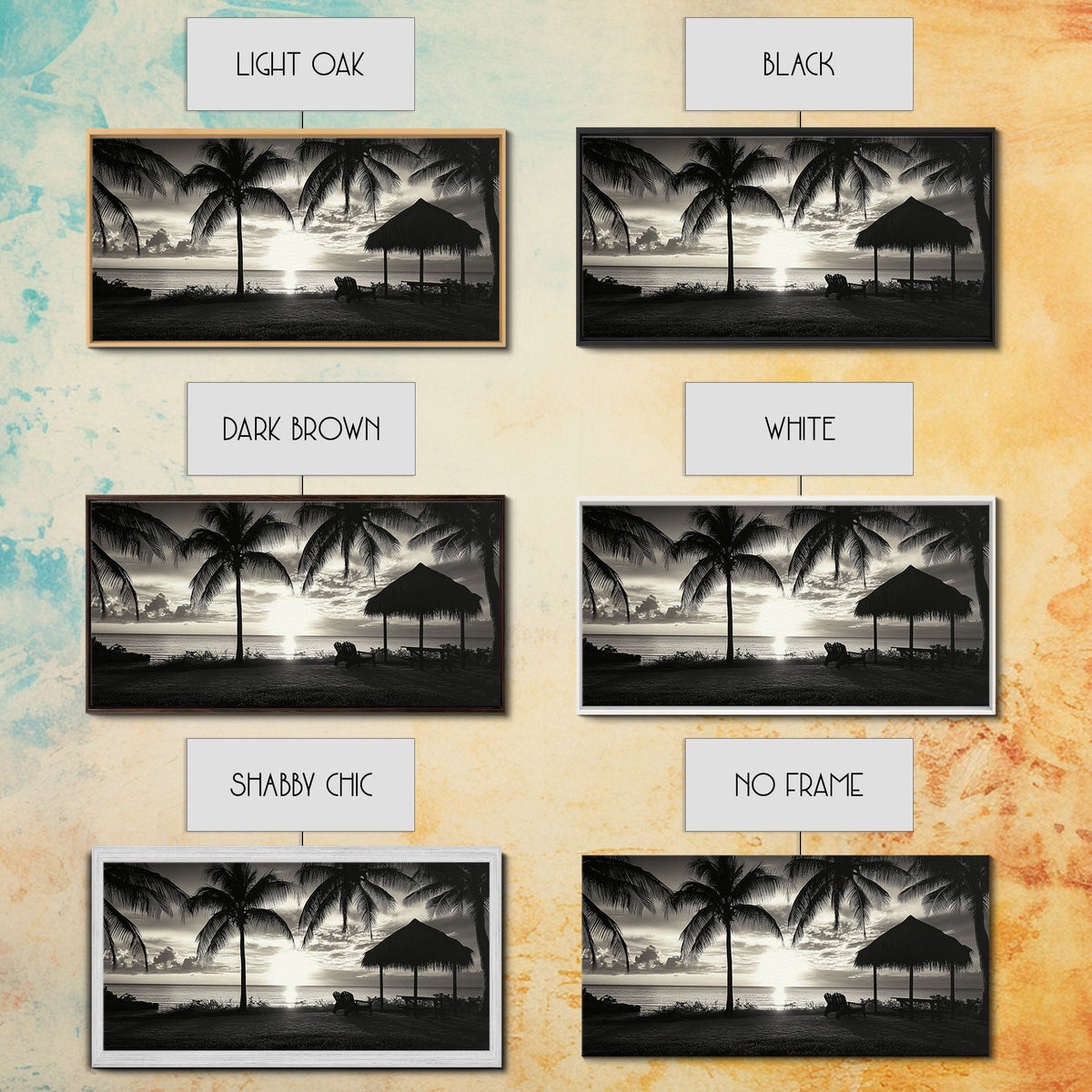 Palm Trees, Beach Sunset, Ocean View, Tiki Hut, Framed Canvas Print, tropical wall art, beach house decor, living room boho art