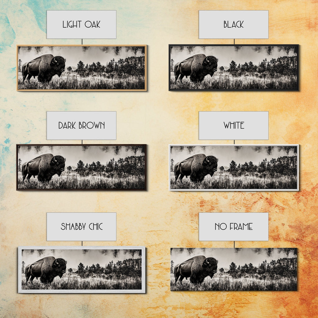 Bison landscape, black and white western painting, rustic decor, extra wide art, smoky mountain art, panoramic painting, framed canvas print