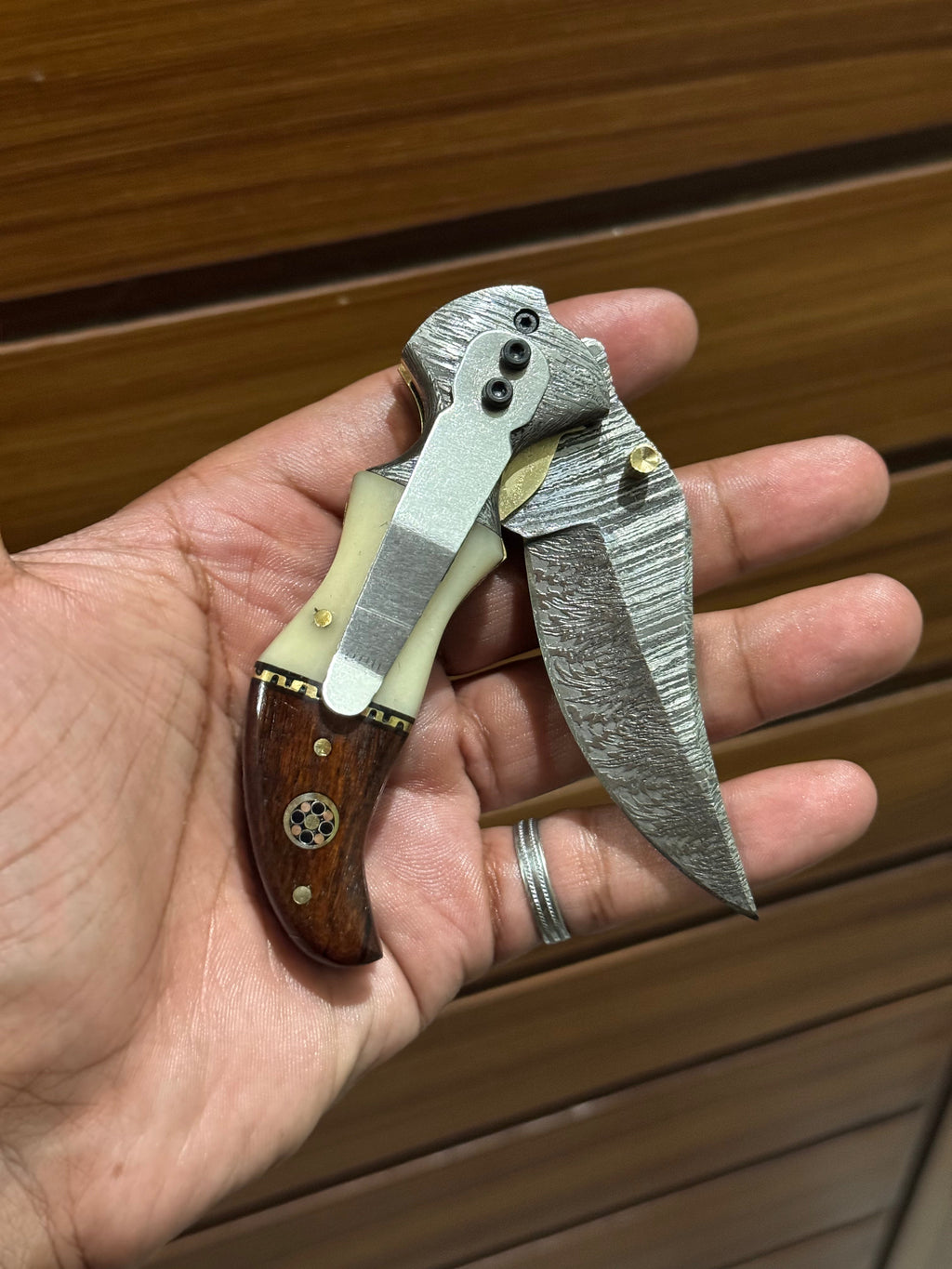 Damascus Handmade Custom Folding Pocket Knife with Buffalo Horn and Rosewood Handle, 3.2-inch Blade Length