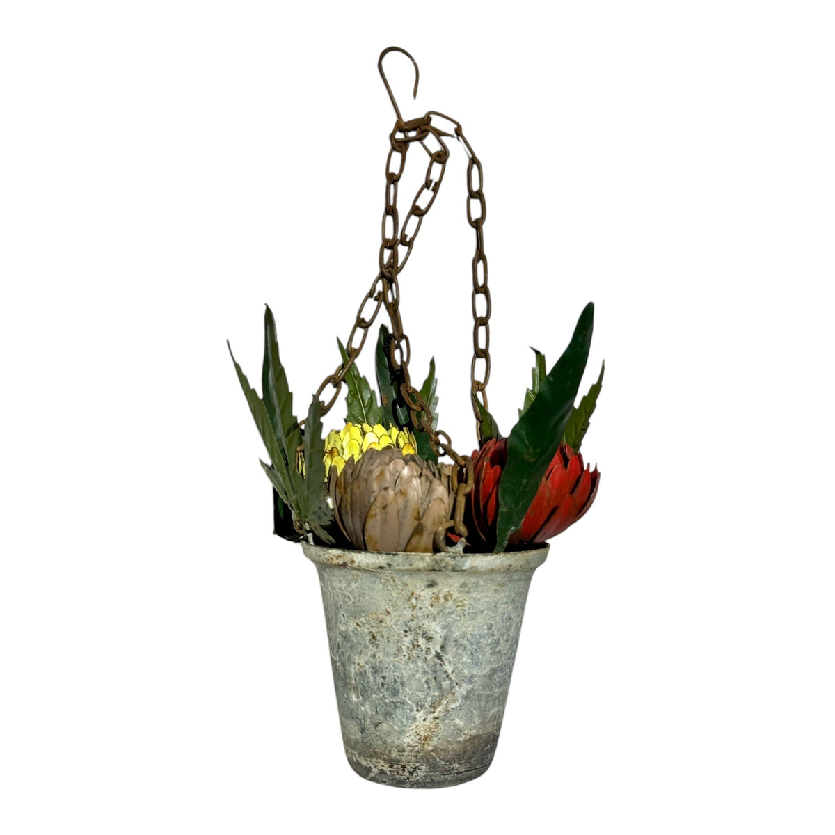 Distressed Painted Metal Flowers in Pot Ornament
