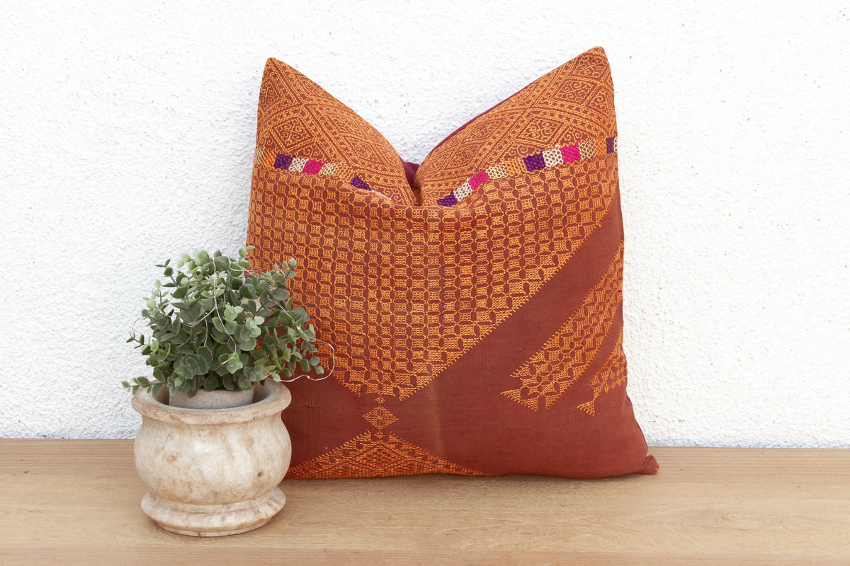 Amritsar Grid, Antique Phulkari Embroidered Pillow Cover