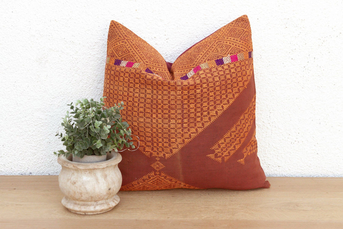 Amritsar Grid, Antique Phulkari Embroidered Pillow Cover