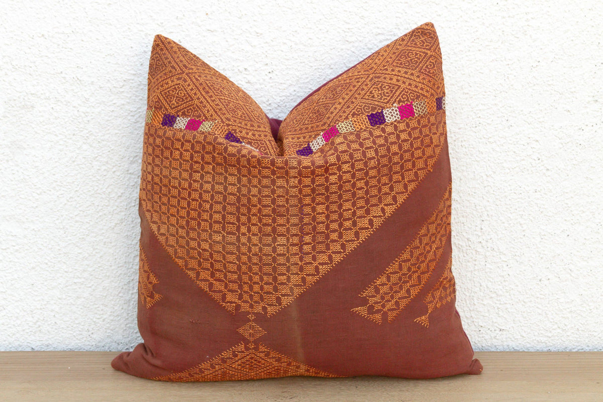 Amritsar Grid, Antique Phulkari Embroidered Pillow Cover