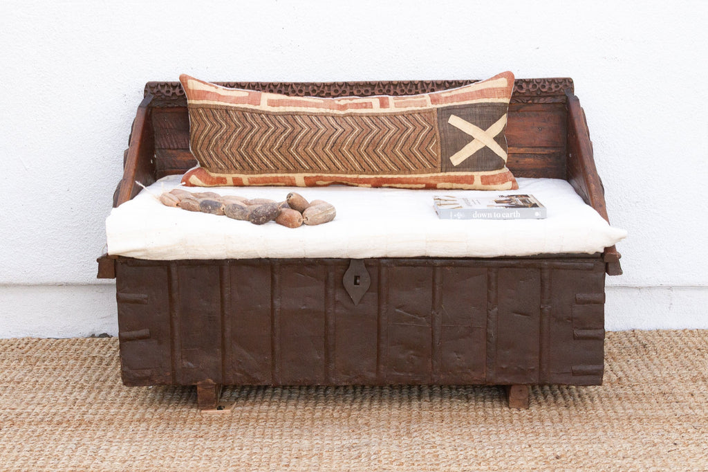 Antique Rajasthani Metal & Carved Wood Box Bench
