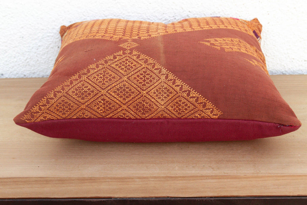 Amritsar Grid, Antique Phulkari Embroidered Pillow Cover