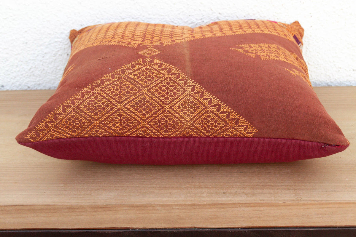 Amritsar Grid, Antique Phulkari Embroidered Pillow Cover