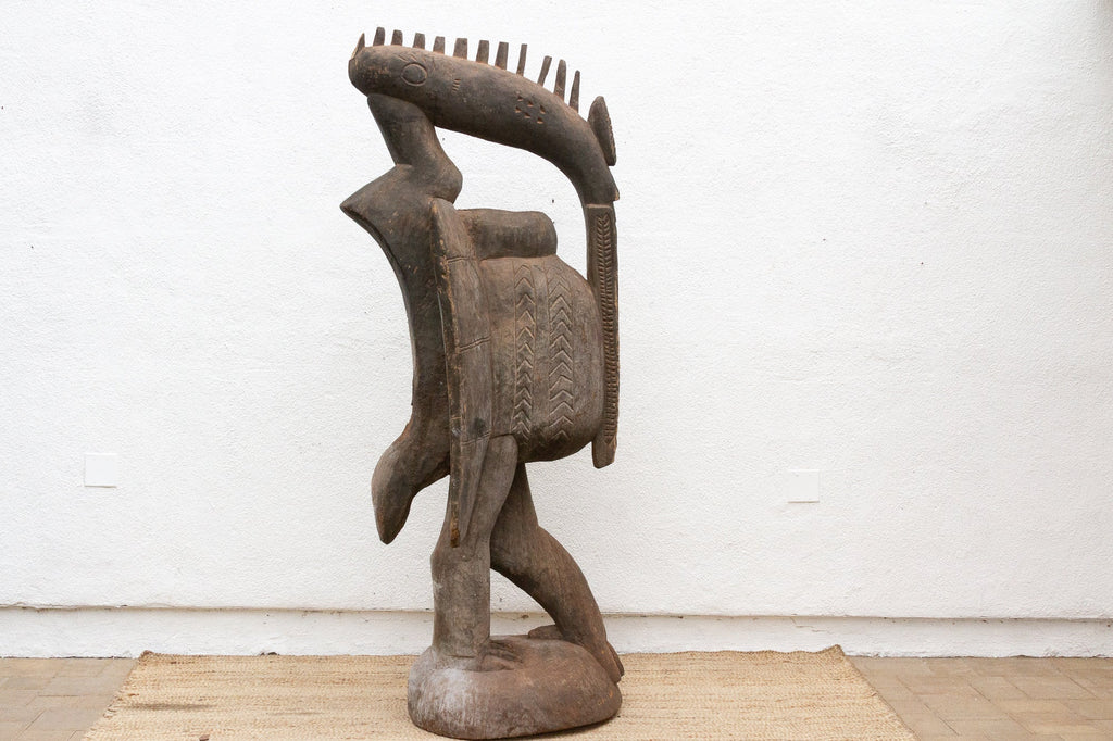 The Striding Ancestor 82" Large Senufo Hornbill in Oxidized Gray