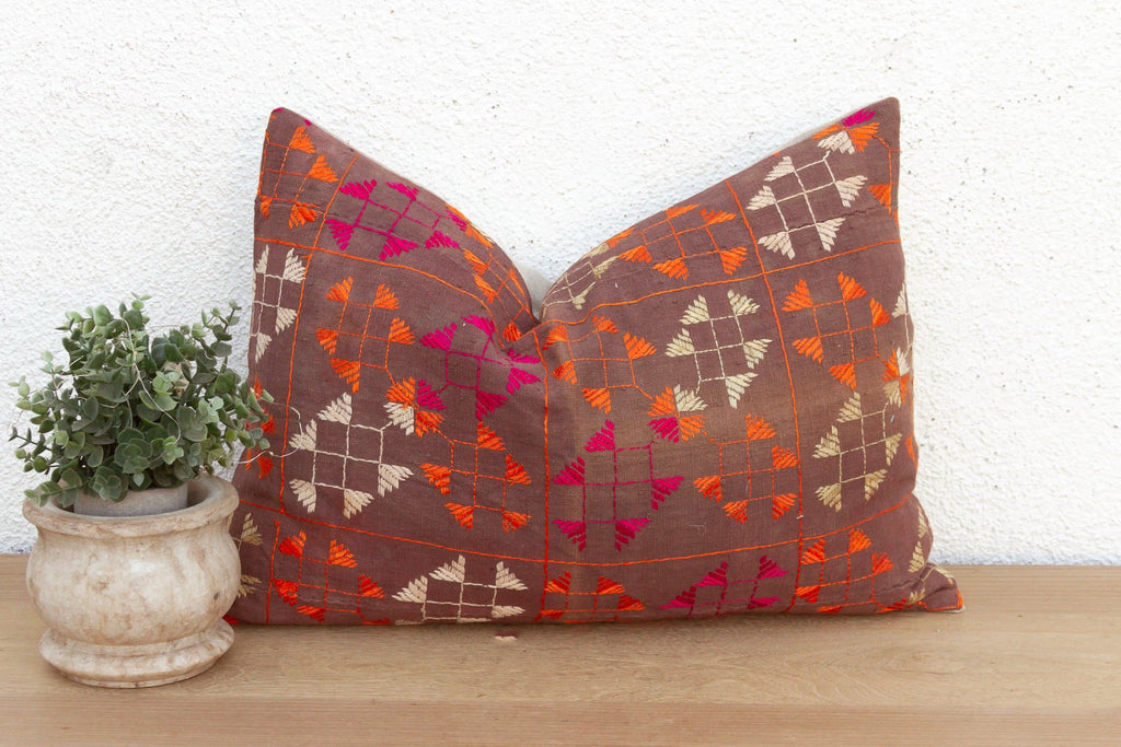Doaba Lattice, Antique Phulkari Lumbar Pillow Cover