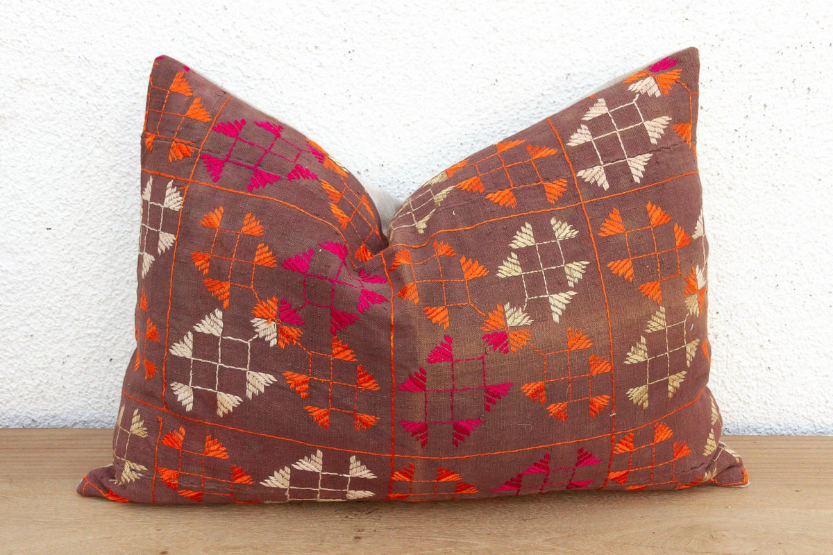 Doaba Lattice, Antique Phulkari Lumbar Pillow Cover