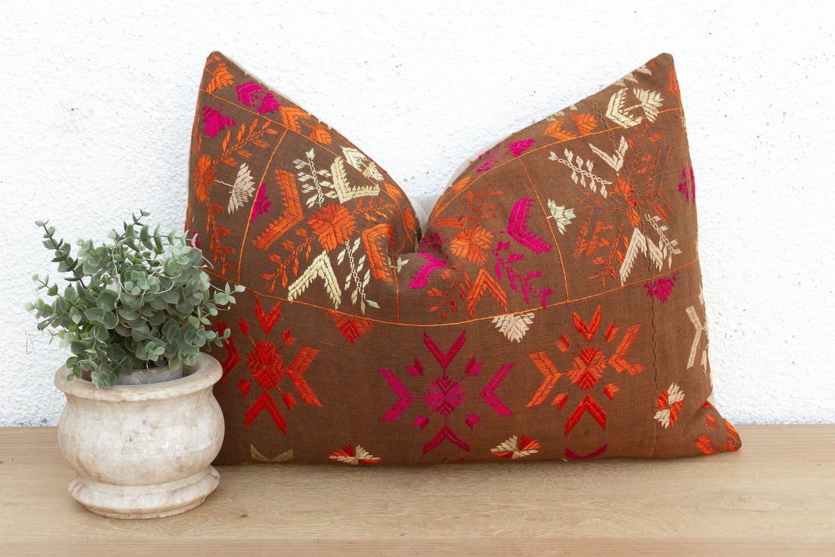 Faridkot Folk, Antique Phulkari Lumbar Pillow Cover