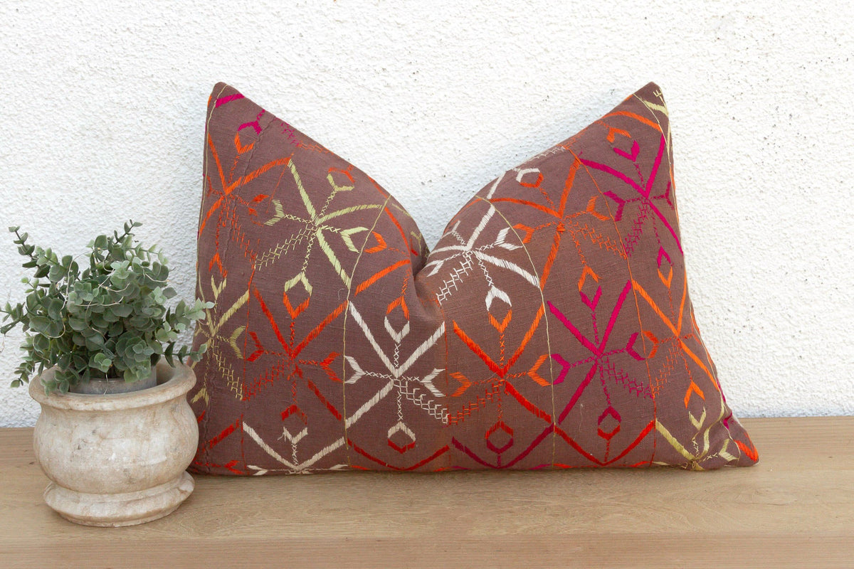 Barnala Blossom, Antique Phulkari Lumbar Pillow Cover