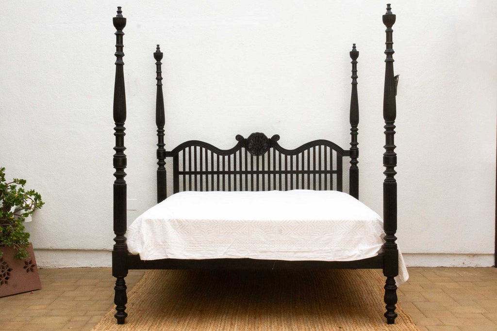 Finely Carved British Colonial Ebonized King Bed